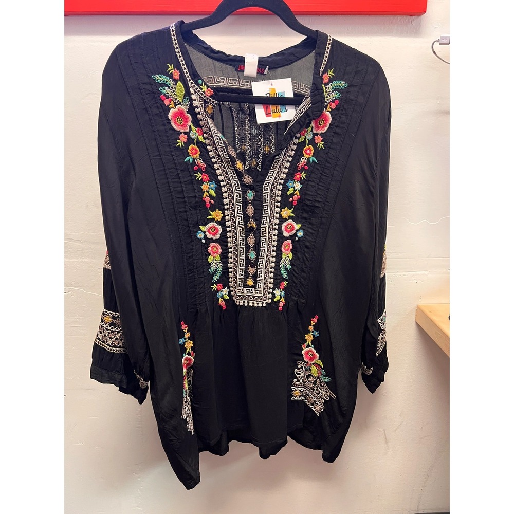 Johnny Was Black w/Pink, Green and Teal Embroidered Flowers Blouse